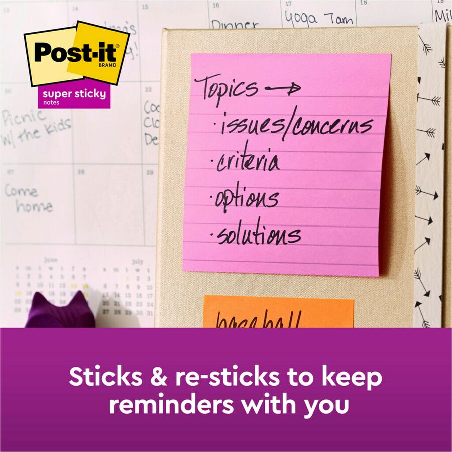 Post-it® Super Sticky Pop-up Lined Note Refills - 4" x 4" - Square - 90 Sheets per Pad - Pink - Sticky - 5 / Pack