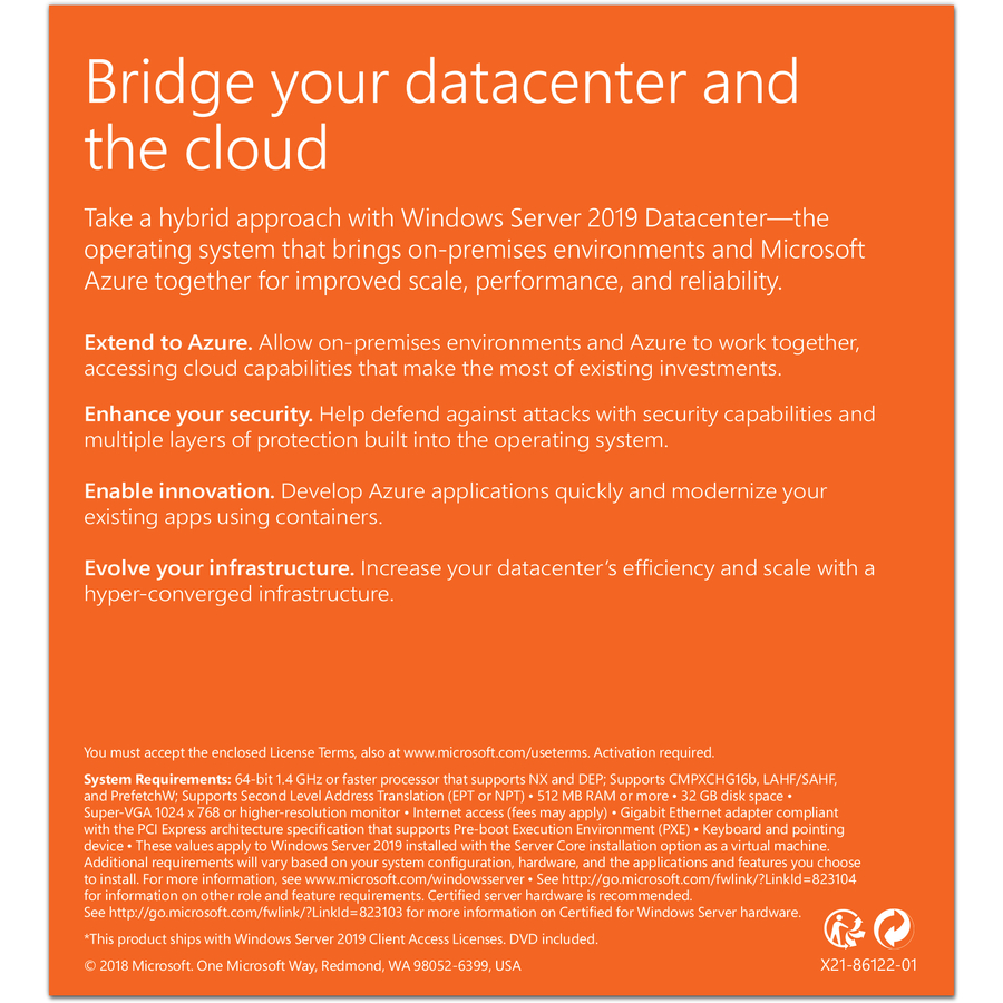 Microsoft Windows Server 2019 Édition Datacenter avec licence de base pour 24 c?urs - DSP OEM avec DVD (P71-09042)