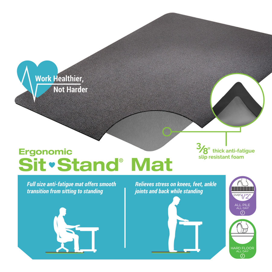 Deflecto Ergonomic Sit-Stand Chair Mat for Multi-surface - Hard Floor, Carpet - 48" Length x 36" Width x 0.375" Thickness - Rectangular - Foam - Black - 1Each