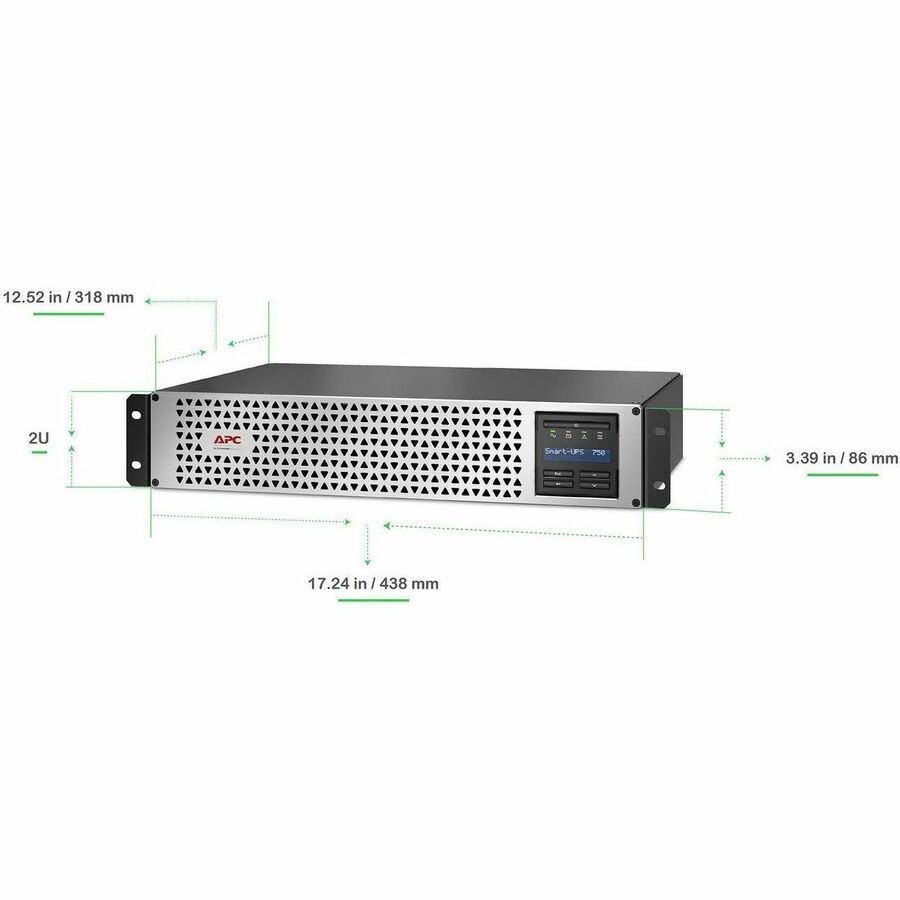 APC Smart-UPS, Line Interactive, 750VA, Lithium-ion, Rackmount 2U, 120V, 6x NEMA 5-15R outlets, SmartConnect Port+SmartSlot, Short Depth, AVR, LCD