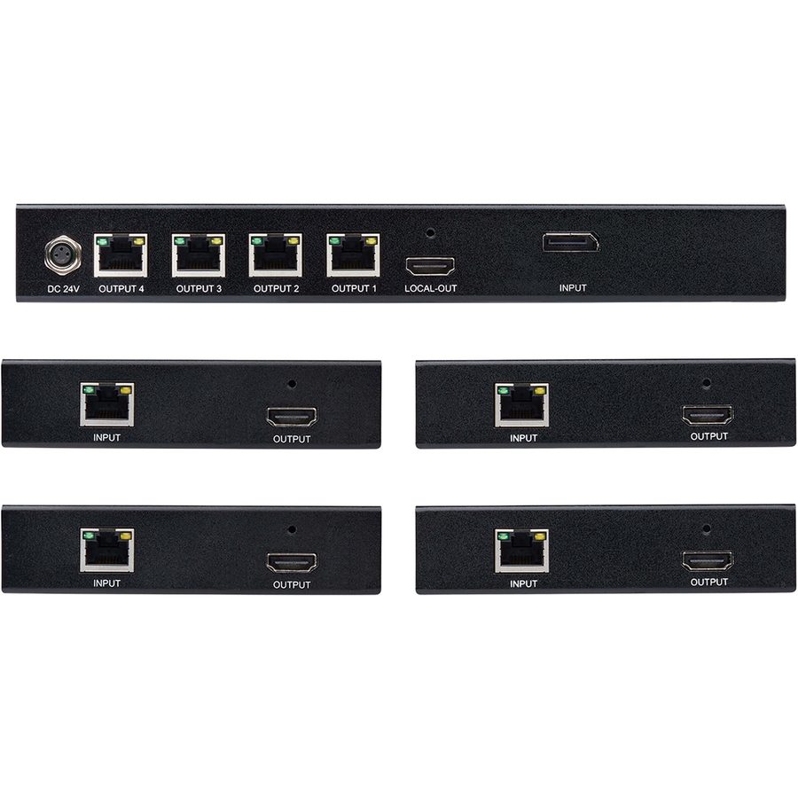 Tripp Lite B127-004-D4H Video Extender Transmitter/Receiver - 1 Input Device - 4 Output Device - 125 ft (38100 mm) Range - 8 x Network (RJ-45) - 1 x HDMI In - DisplayPort - 4K - 3840 x 2160 - Twisted Pair - Category 6 - Rack-mountable - TAA Compliant