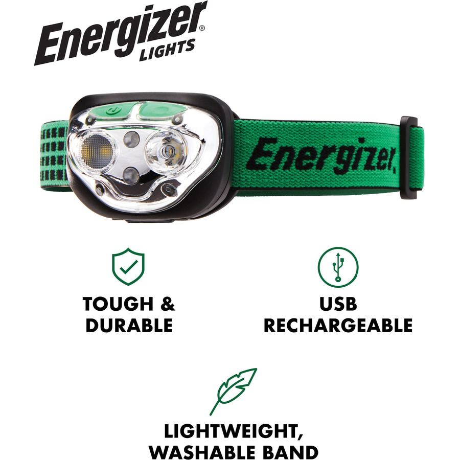 Energizer Vision Ultra HD Rechargeable Headlamp (Includes USB Charging Cable) - LED - 400 lm Lumen - Battery Rechargeable - Battery, USB - Water Resistant, Drop Resistant - Green - 1 Each