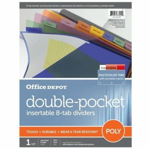 Office Depot DoublePocket Insertable Plastic Divider, 8Tab, 9" x 11