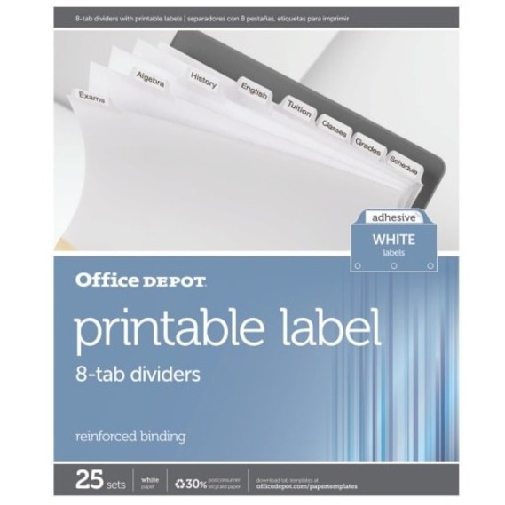 Office Depot Plain Dividers With Tabs And Labels, White, 8Tab, Pack Of