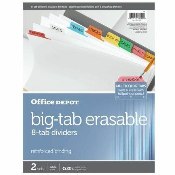 Office Depot Erasable Big Tab Dividers, 8Tab, Assorted Colors, Pack Of