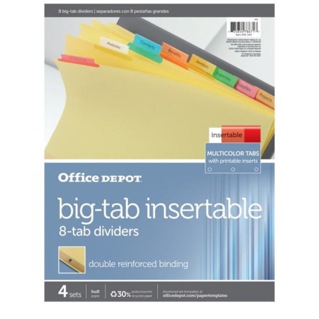 Office Depot Insertable Dividers With Big Tabs, Buff, Assorted Colors
