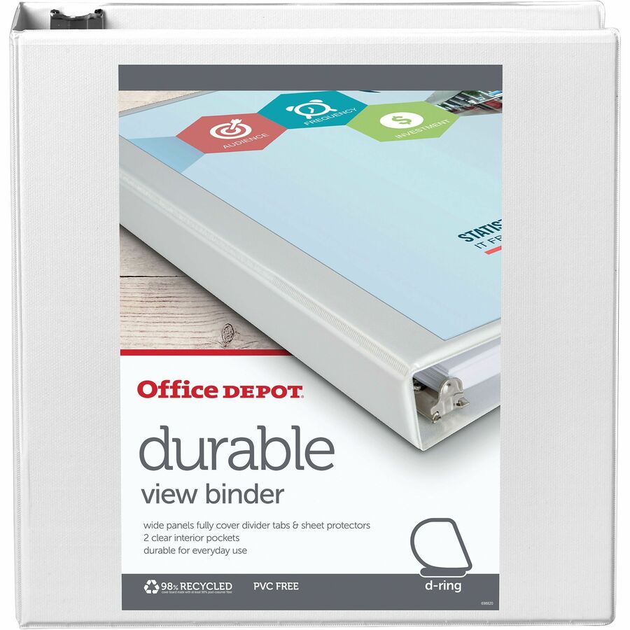 Office Depot; Brand Durable View 3Ring Binder, 2" Slant Rings, White
