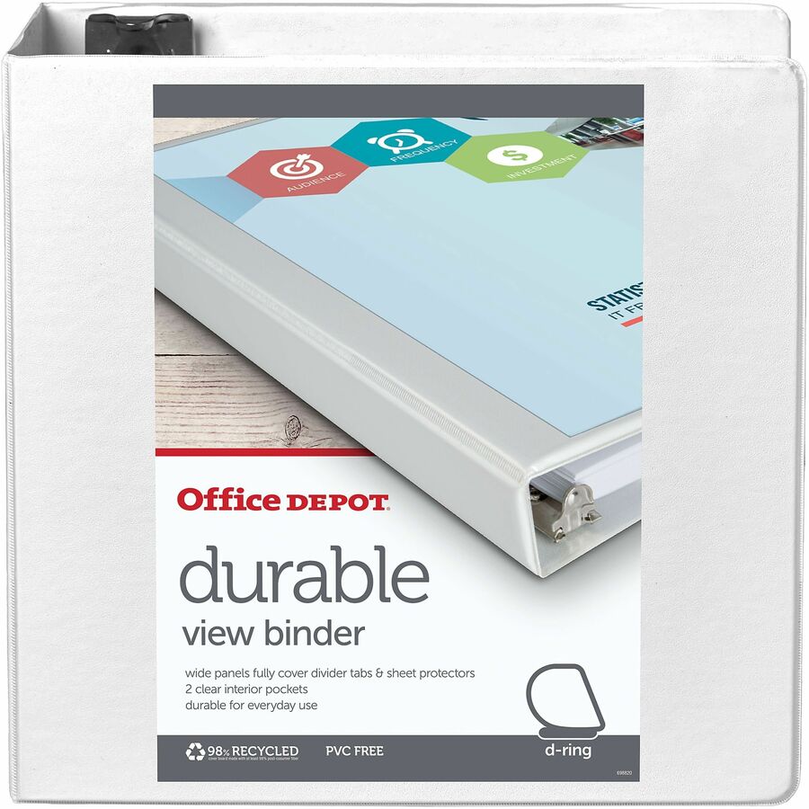 Office Depot Durable View DRing Binder, 4in Rings, 59 Recycled, White