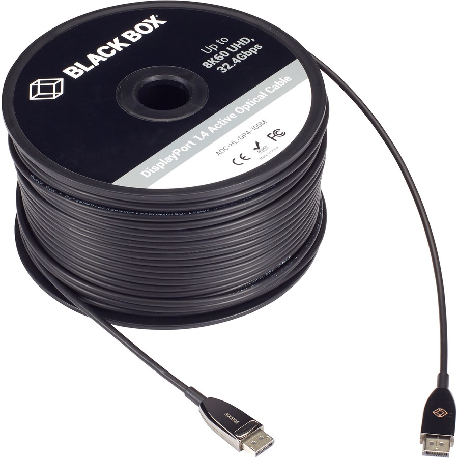 Black Box DisplayPort 1.4 Active Optical Cable - 328.08 ft Fiber Optic A/V Cable for Audio/Video Device, Video Extender, Transmitter, Receiver - First End: 1 x DisplayPort 1.4 Digital Audio/Video - Male - Second End: 1 x DisplayPort 1.4 Digital Audio/Vide