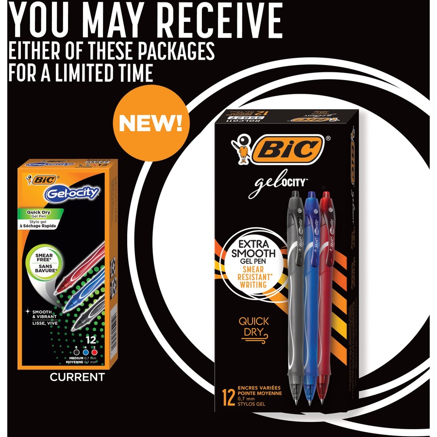 BIC Gel-ocity Gel Pen - 0.7 mm Medium Pen Point - Retractable - Assorted Ink - Gel-based - 12 Pack