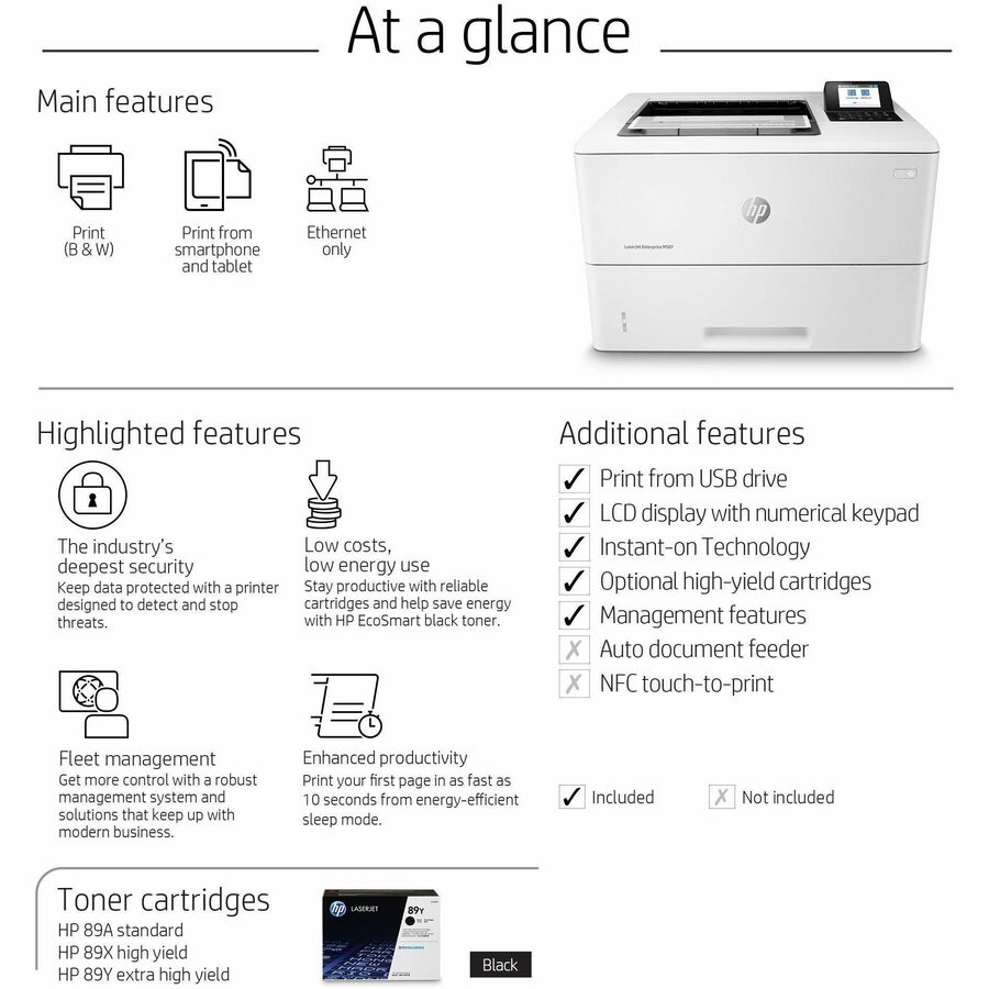 HP LaserJet Enterprise M507 M507n Desktop Laser Printer - Monochrome - 45 ppm Mono - 1200 x 1200 dpi Print - Manual Duplex Print - 650 Sheets Input - Ethernet - 150000 Pages Duty Cycle - Plain Paper Print - Gigabit Ethernet - USB