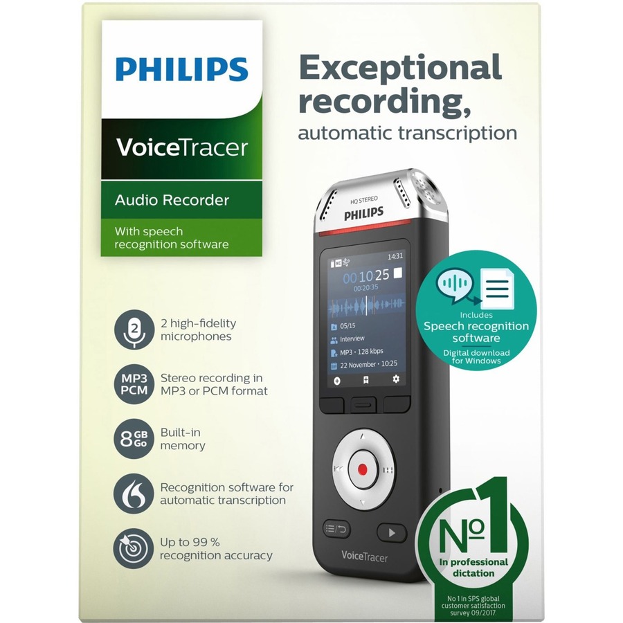 Philips VoiceTracer DVT2810 Voice Recorder with Speech Transcription Software - 8GB memory - microSD Supported - 2" LCD - MP3 or PCM recording formats - 2147 Hours Recording Time