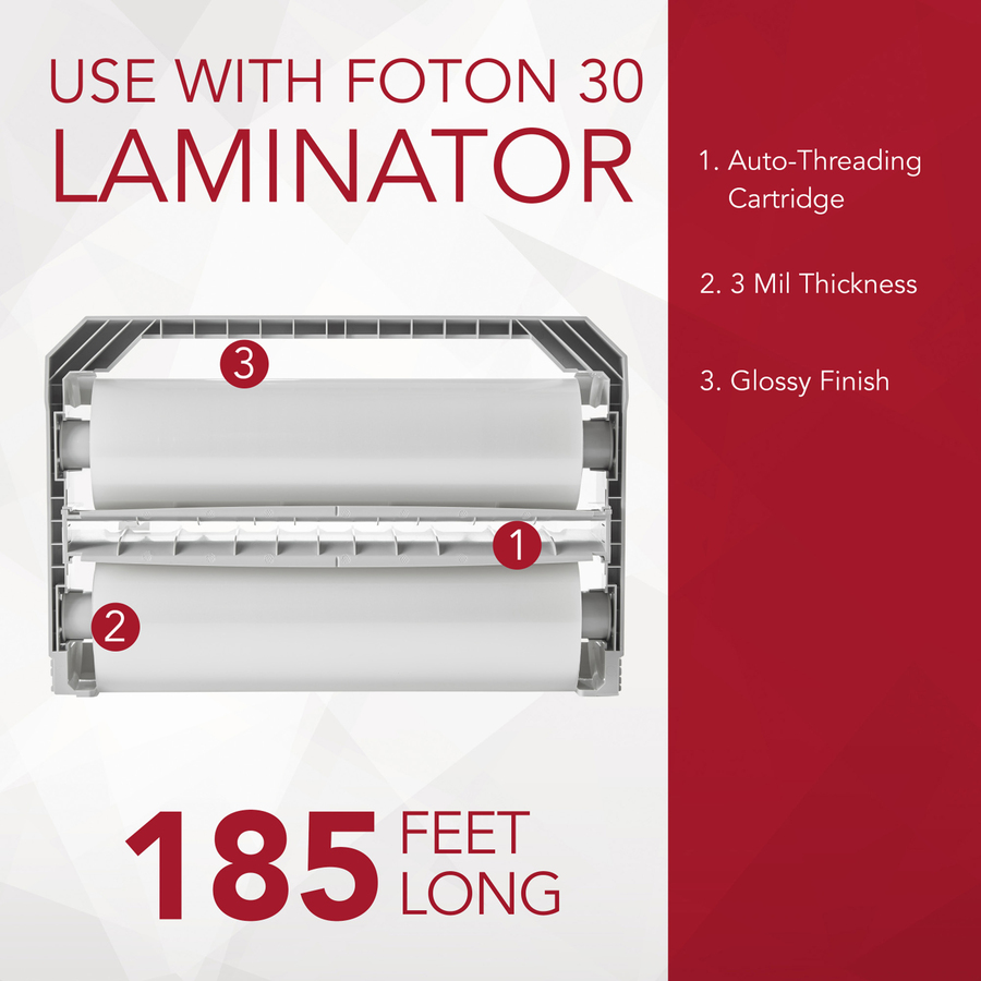 GBC Foton Laminating Cartridge - Sheet Size Supported: Letter 8.50" (215.90 mm) Width x 11" (279.40 mm) Length - Laminating Pouch/Sheet Size: 12" Width x 185 ft Length x 3 mil Thickness - Glossy - for Document - Auto-threading - Plastic - 1 Each - Laminating Supplies - GBCFOTONC003B