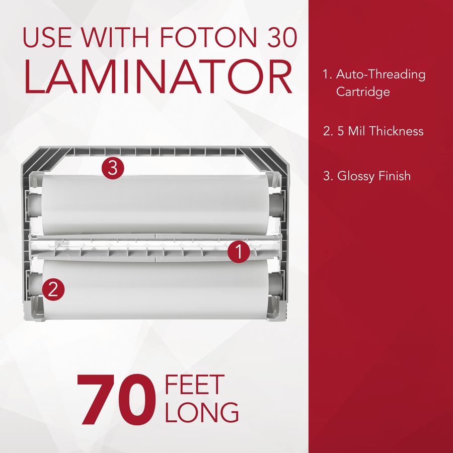 GBC Foton Laminating Cartridge - Sheet Size Supported: Letter 8.50" (215.90 mm) Width x 11" (279.40 mm) Length - Laminating Pouch/Sheet Size: 12" Width x 70 ft Length x 5 mil Thickness - Glossy - for Document - Auto-threading - Plastic - 1 Each - Laminating Supplies - GBCFOTONC005S
