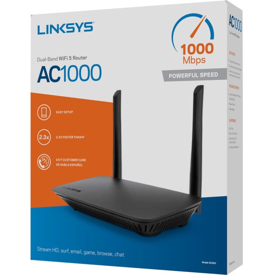 Linksys E5350 Wi-Fi 5 IEEE 802.11ac Ethernet Wireless Router - 2.40 GHz ISM Band - 5 GHz UNII Band(2 x External) - 125 MB/s Wireless Speed - 4 x Network Port - 1 x Broadband Port - Fast Ethernet - Desktop, Wall Mountable