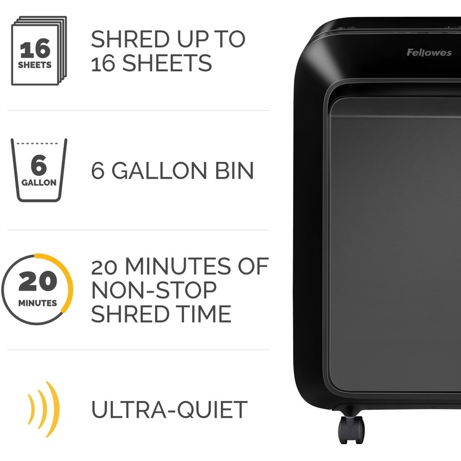 Fellowes Powershred? LX210 Micro-Cut Shredder (Black) - Micro Cut - 16 Per Pass - for shredding Paper, Credit Card, Paper Clip, Staples, Junk Mail - 0.2" x 0.5" Shred Size - P-4 - 2.13 m/min - 9" Throat - 20 Minute Run Time - 22.71 L Wastebin Capacity - B - Micro-Cut Shredders - FEL5015201