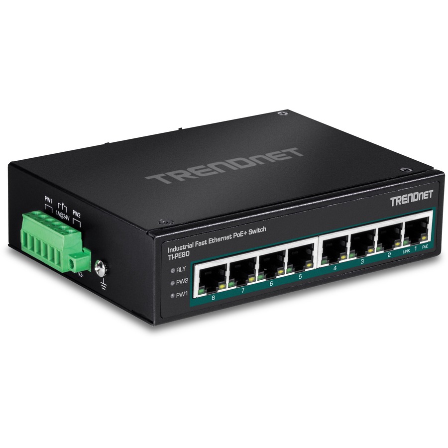 TRENDnet 8-Port Industrial Unmanaged Fast Ethernet PoE+ DIN-Rail Switch, TI-PE80, 8 x Fast Ethernet PoE+ Ports, 200W PoE Power Budget, IP50 Rated Housing, NDAA TAA Compliant, Lifetime Protection