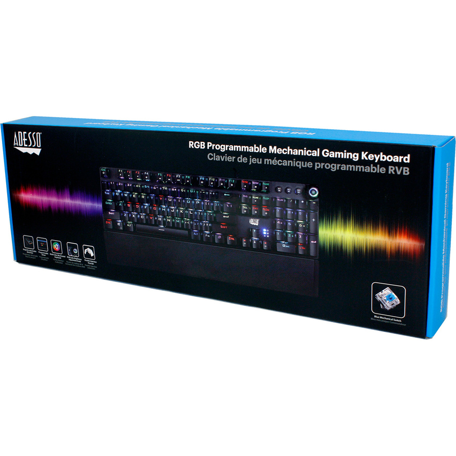 Adesso RGB Programmable Mechanical Gaming Keyboard with Detachable Magnetic Palmrest - Cable Connectivity - USB Interface - RGB LED - 104 Key Macro, Windows Key Hot Key(s) - English (US) - Windows - Mechanical Keyswitch - Black - Keyboards - ADEAKB650EB