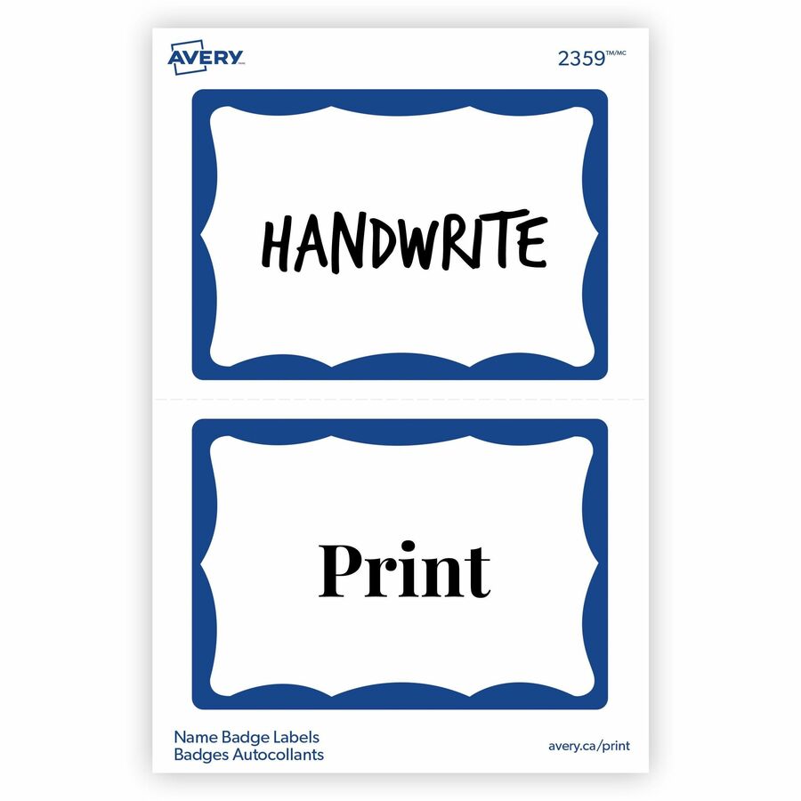 Avery&reg; Name Badge Labelsfor Laser or Inkjet Printers, 2 11/32" x 3-3/8" , Blue Border