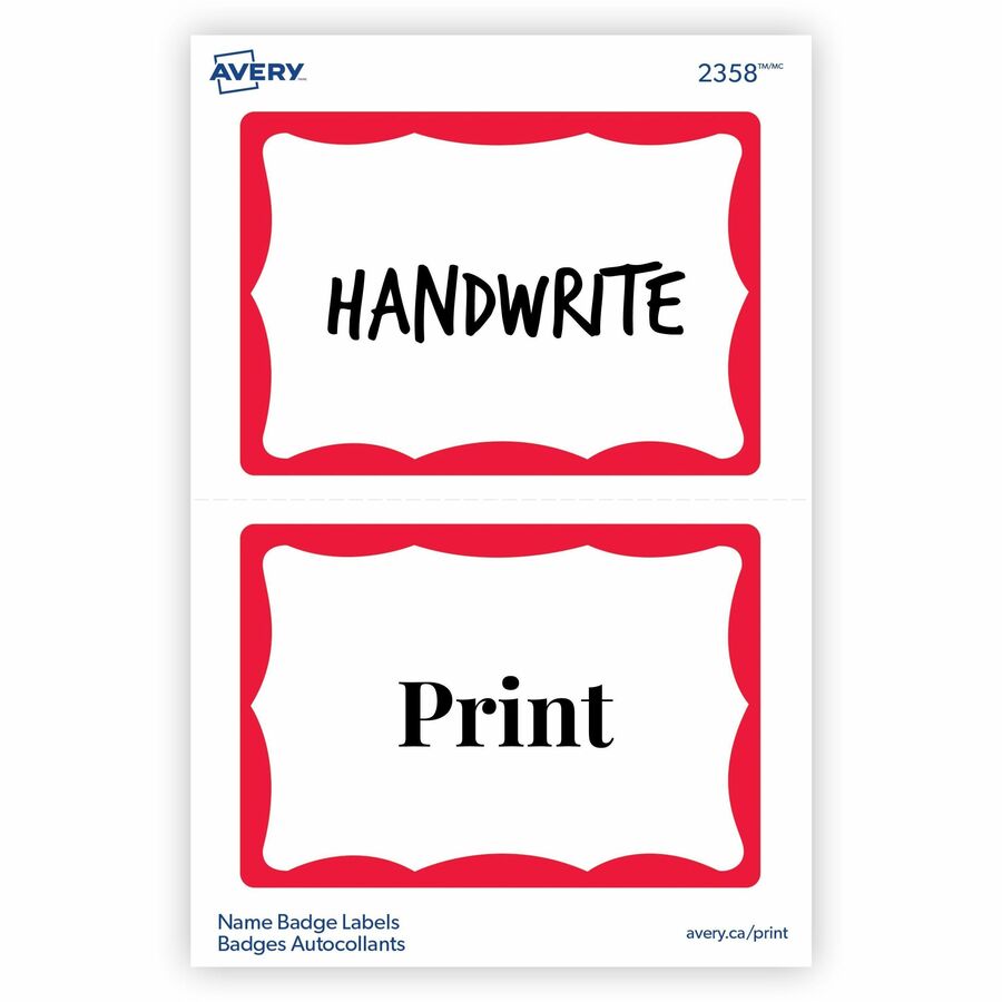 Avery&reg; Name Badge Labelsfor Laser or Inkjet Printers, 2 11/32" x 3-3/8" , Red Border