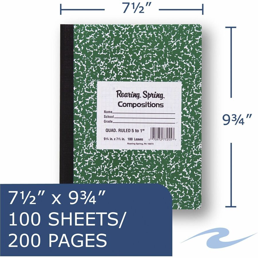 Roaring Spring Marble Comp Book - 100 Sheets - 200 Pages - Printed - Sewn/Tapebound - Both Side Ruling Surface - 15 lb Basis Weight - 56 g/m² Grammage - 9 3/4" x 7 1/2" - 0.50" x 7.5" x 9.8" - White Paper - Black Binding - 24 / Carton