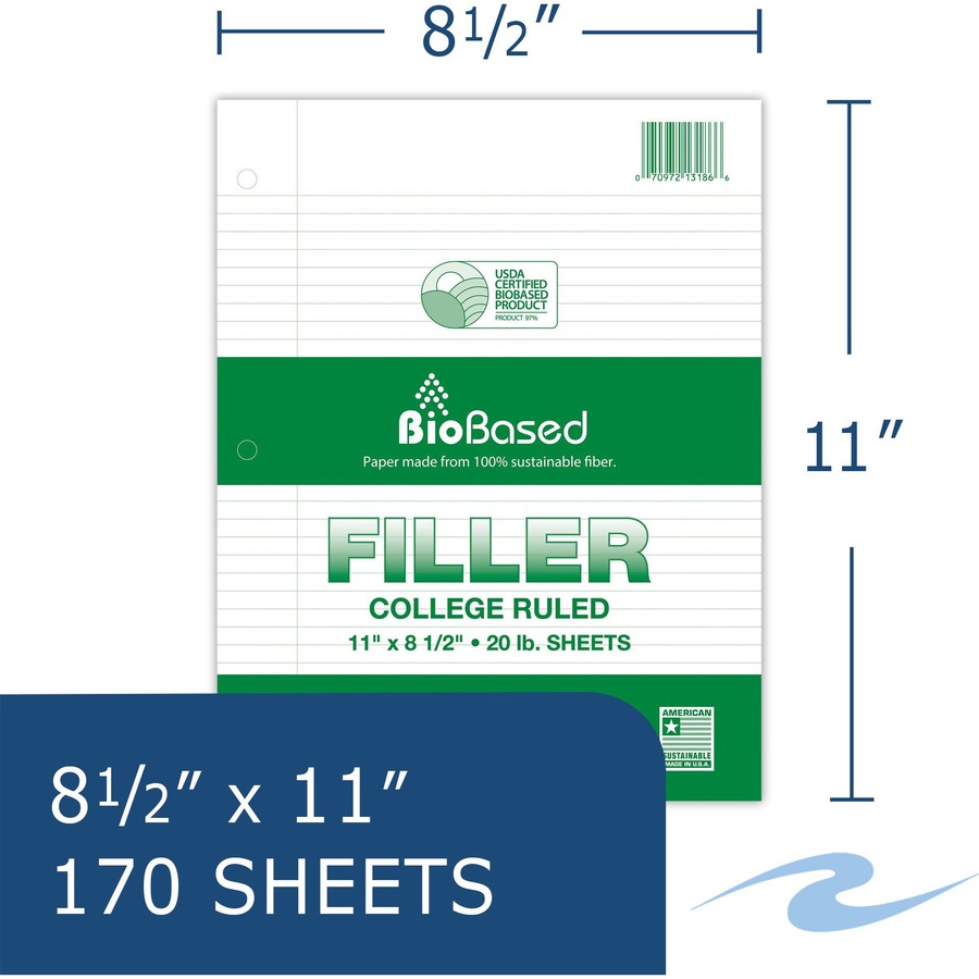 Roaring Spring BioBased Filler Paper - 170 Sheets - 340 Pages - Printed - Spiral Bound - Both Side Ruling Surface - Red Margin - 3 Hole(s) - 20 lb Basis Weight - 75 g/m² Grammage - 11" x 8 1/2" - 0.70" x 8.5" x 11" - White Paper - 24 / Carton