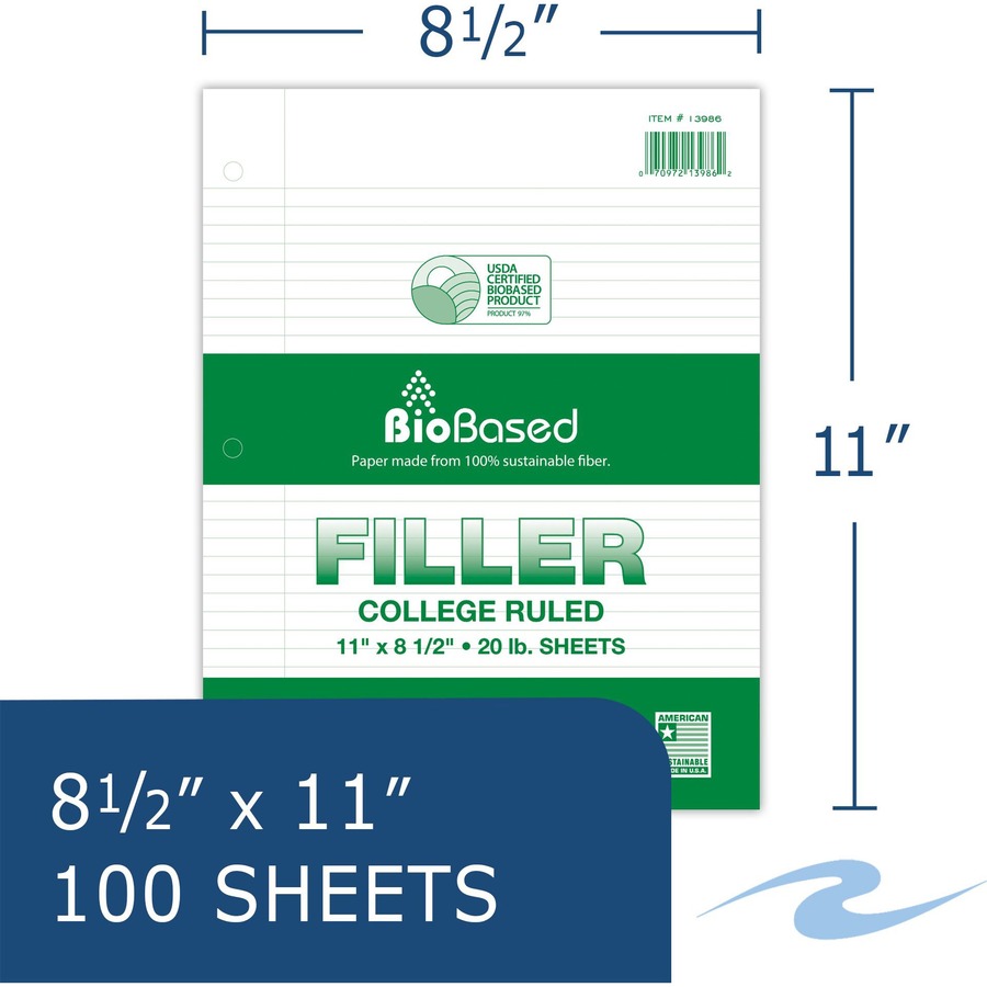 Roaring Spring BioBased Filler Paper - 100 Sheets - 200 Pages - Printed - Ring - Both Side Ruling Surface - Red Margin - 3 Hole(s) - 20 lb Basis Weight - 75 g/m² Grammage - 11" x 8 1/2" - 0.40" x 8.5" x 11" - White Paper - 48 / Carton