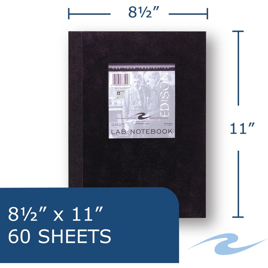 Roaring Spring Black Lab Book - 60 Sheets - 120 Pages - Printed - Sewn/Tapebound - Both Side Ruling Surface - 20 lb Basis Weight - 75 g/m² Grammage - 11" x 8 1/2" - 0.33" x 8.5" x 11" - White Paper - Laminated Cover - 24 / Carton