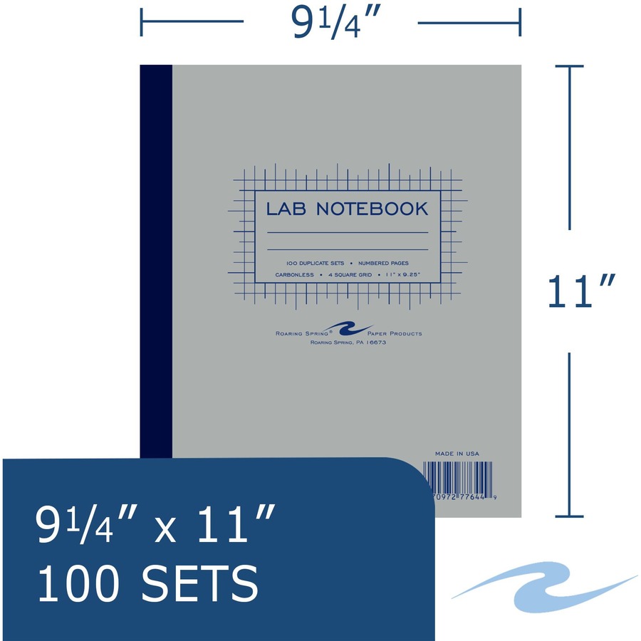 Roaring Spring Carbonless Lab Notebook - 200 Sheets - 400 Pages - Printed - Stapled/Tapebound - Front Ruling Surface - 15 lb Basis Weight - 56 g/m² Grammage - 11" x 9 1/4" - 0.75" x 9.3" x 11" - White, Blue Paper - Black Binding - Chipboard Cover - 5
