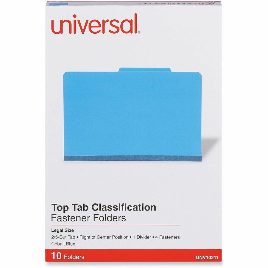 Universal 2/5 Tab Cut Legal Classification Folder - 8 1/2" x 14" - 2" Expansion - 4 Fastener(s) - 2" Fastener Capacity - Top Tab Location - Right of Center Tab Position - 1 Divider(s) - Cobalt Blue - 10 Box