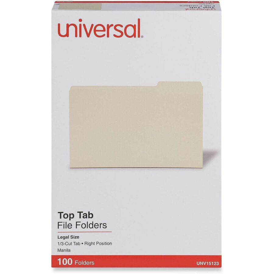 Universal 1/3 Tab Cut Legal Top Tab File Folder - 8 1/2" x 14" - 3/4" Expansion - Right Tab Position - 11 pt. - Manila - 100 Box
