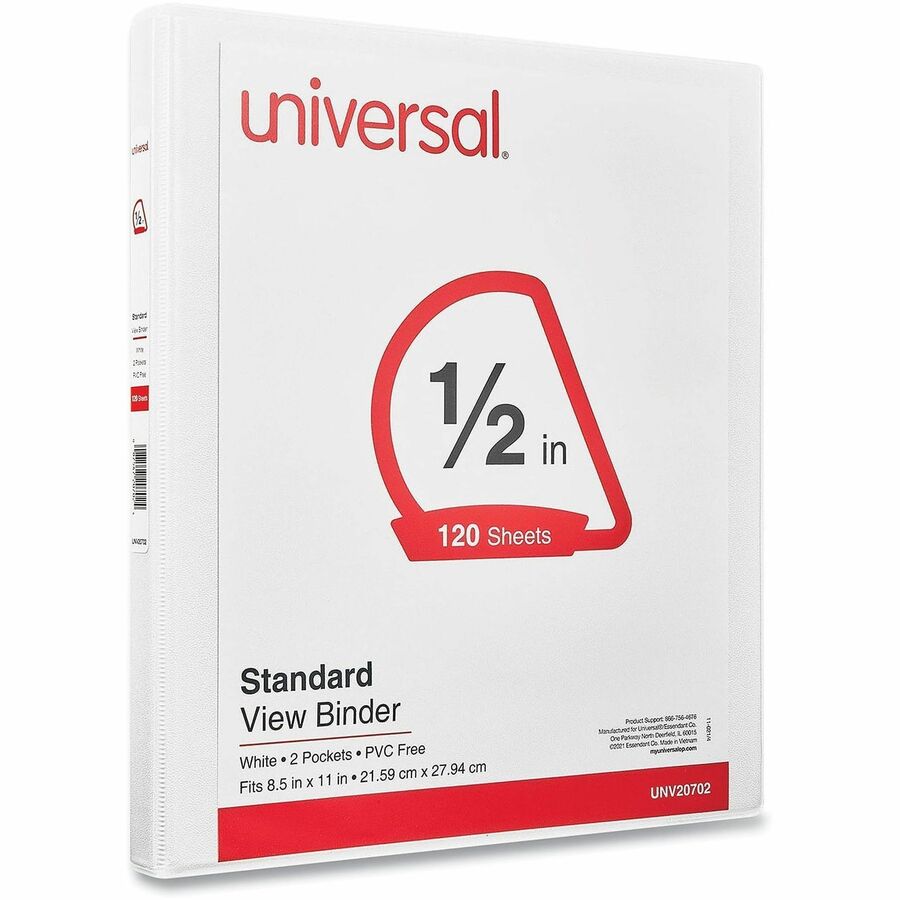 Universal Slant D-Ring View Binder, 3 Rings, 0.5" Capacity, 11 x 8.5, White - 1/2" Binder Capacity - Letter - 8 1/2" x 11" Sheet Size - 120 Sheet Capacity - 3 Ring(s) - Fastener(s): Ring - Pocket(s): 2, Inside Front & Back - Polypropylene - White - Non-st
