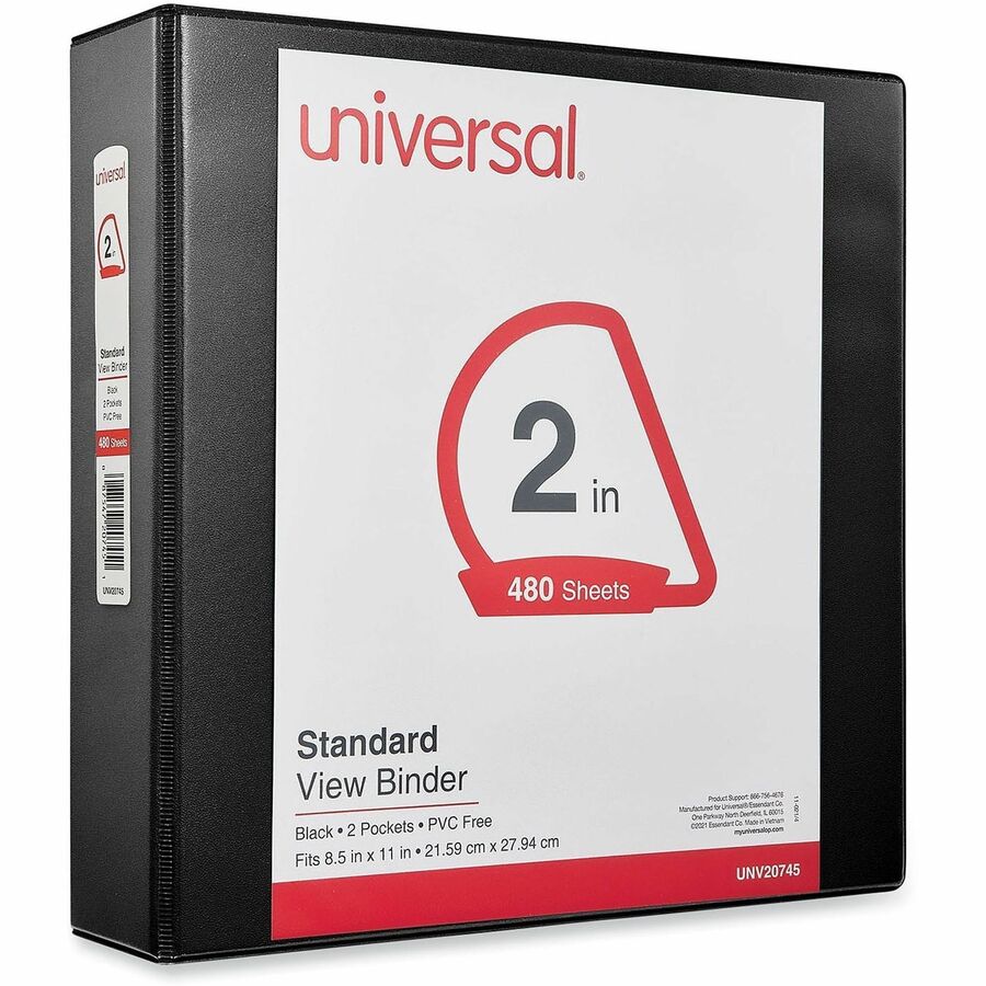 Universal Slant D-Ring View Binder, 3 Rings, 2" Capacity, 11 x 8.5, Black - 2" Binder Capacity - Letter - 8 1/2" x 11" Sheet Size - 500 Sheet Capacity - 3 Ring(s) - Fastener(s): Ring - Pocket(s): 2, Inside Front & Back - Polypropylene - Black - Non-stick 