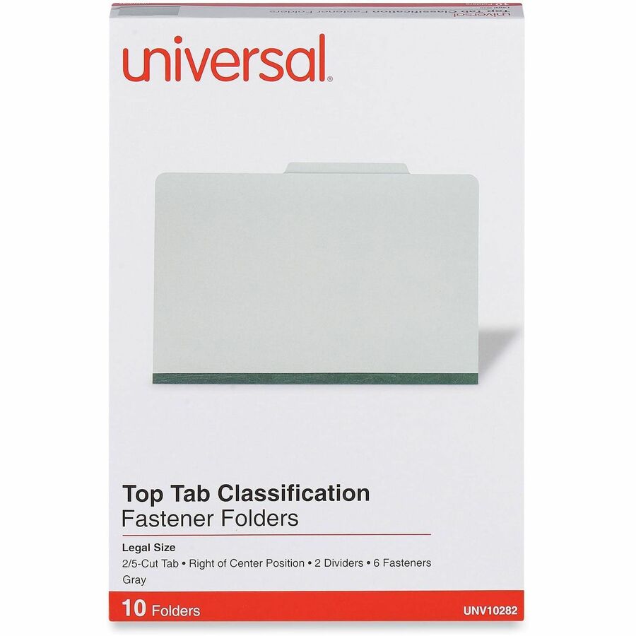 Universal 2/5 Tab Cut Legal Classification Folder - 8 1/2" x 14" - 2" Expansion - 6 Fastener(s) - 2" Fastener Capacity - Top Tab Location - Right of Center Tab Position - 2 Divider(s) - Gray - 10 Box