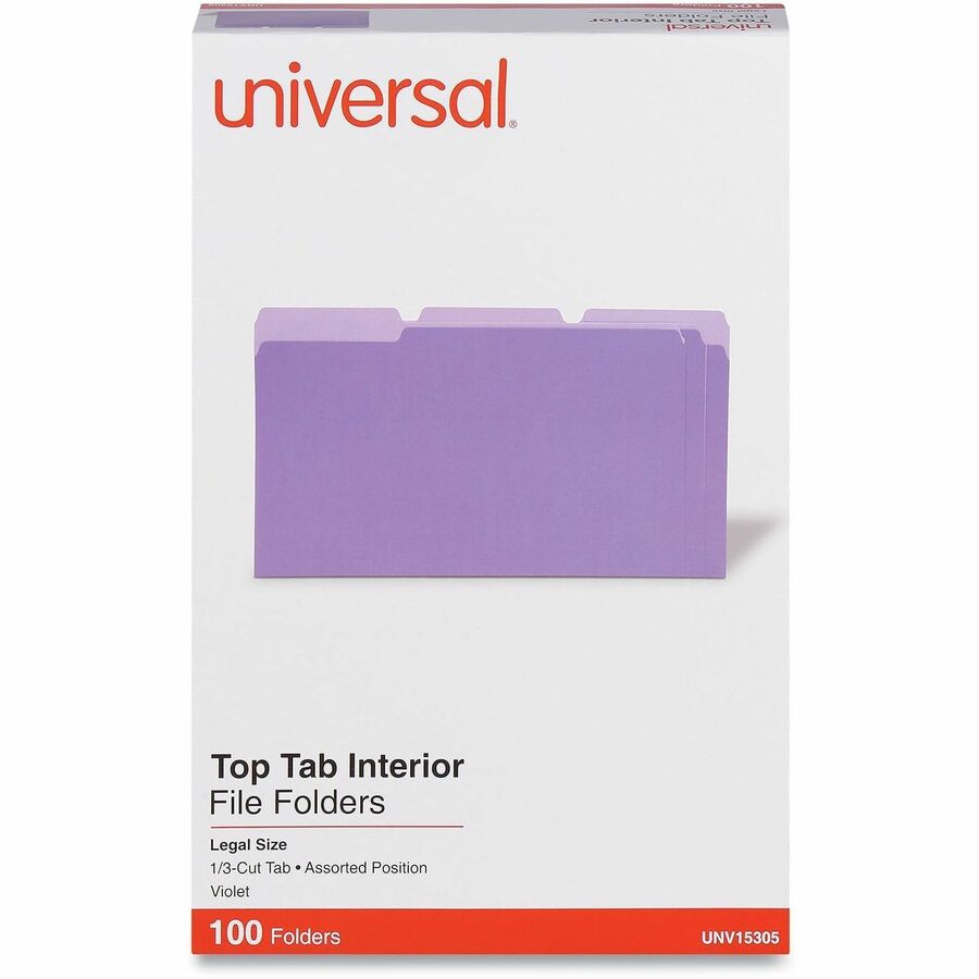 Universal 1/3 Tab Cut Legal Top Tab File Folder - 8 1/2" x 14" - Assorted Tab Position - 11 pt. - Stock - 100 Box