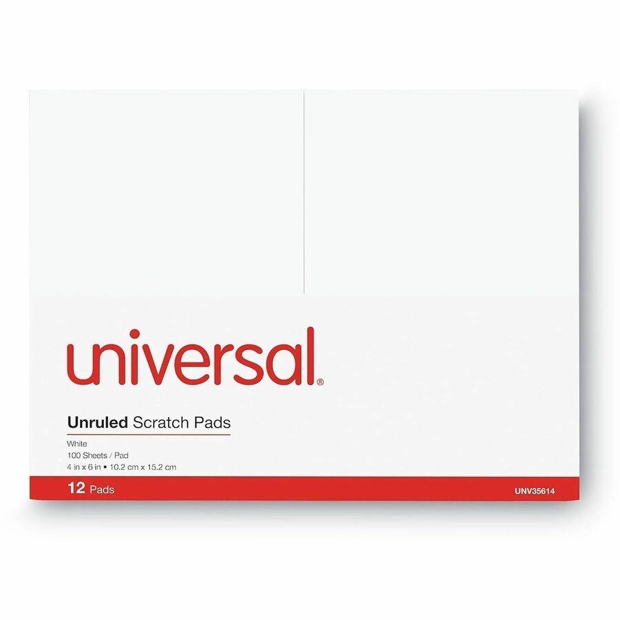 Universal Scratch Pads, Unruled, 4 x 6, White, 100 Sheets, 12/Pack - 1 Subject(s) - 100 Sheets - Plain - Glued - Unruled Front Ruling - 16 lb Basis Weight - 6" Height x 4" Width - White Paper - 12 / Pack