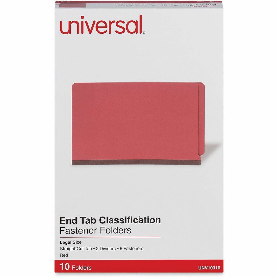 Universal Straight Tab Cut Legal Classification Folder - 8 1/2" x 14" - 2" Expansion - 6 Fastener(s) - 2" Fastener Capacity - End Tab Location - 2 Divider(s) - Red - 10 Box