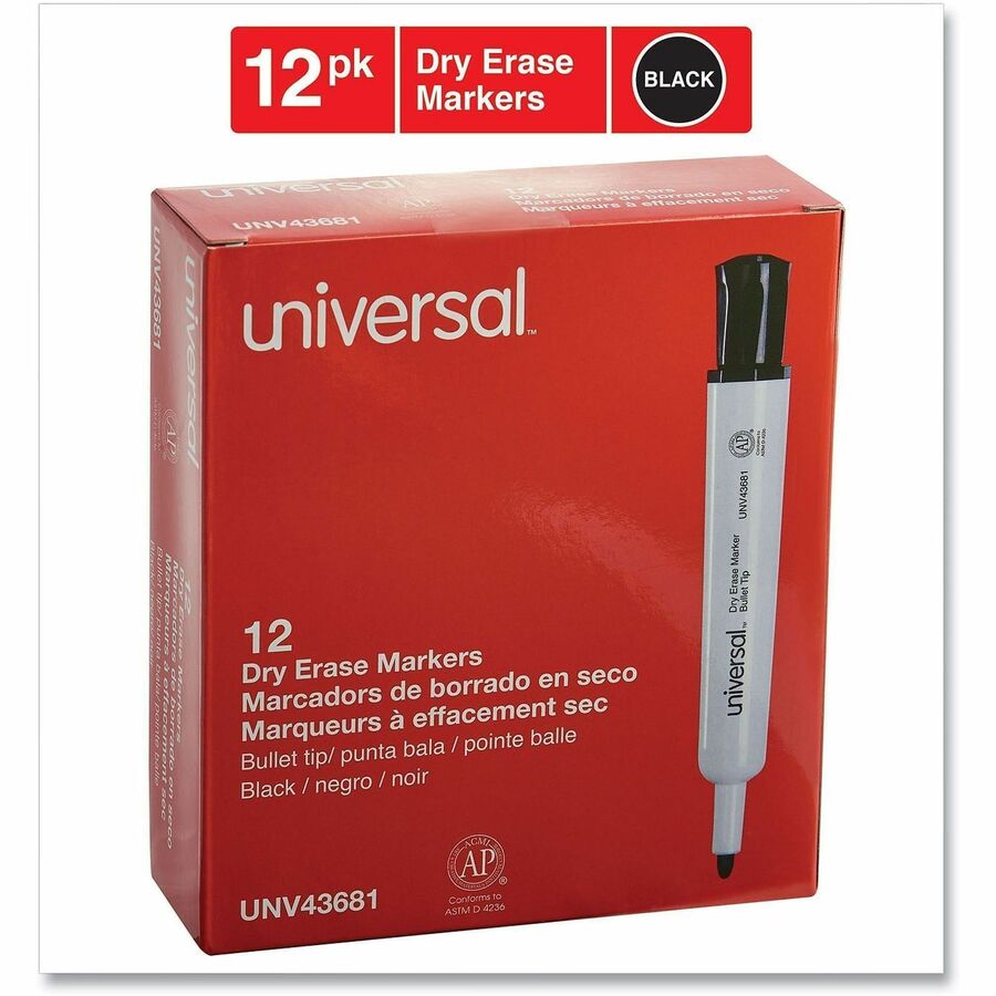 Universal Dry Erase Marker, Medium Bullet Tip, Black, Dozen - Medium Bullet Marker Point - Black Ink - Dry - General Purpose - 1 Dozen