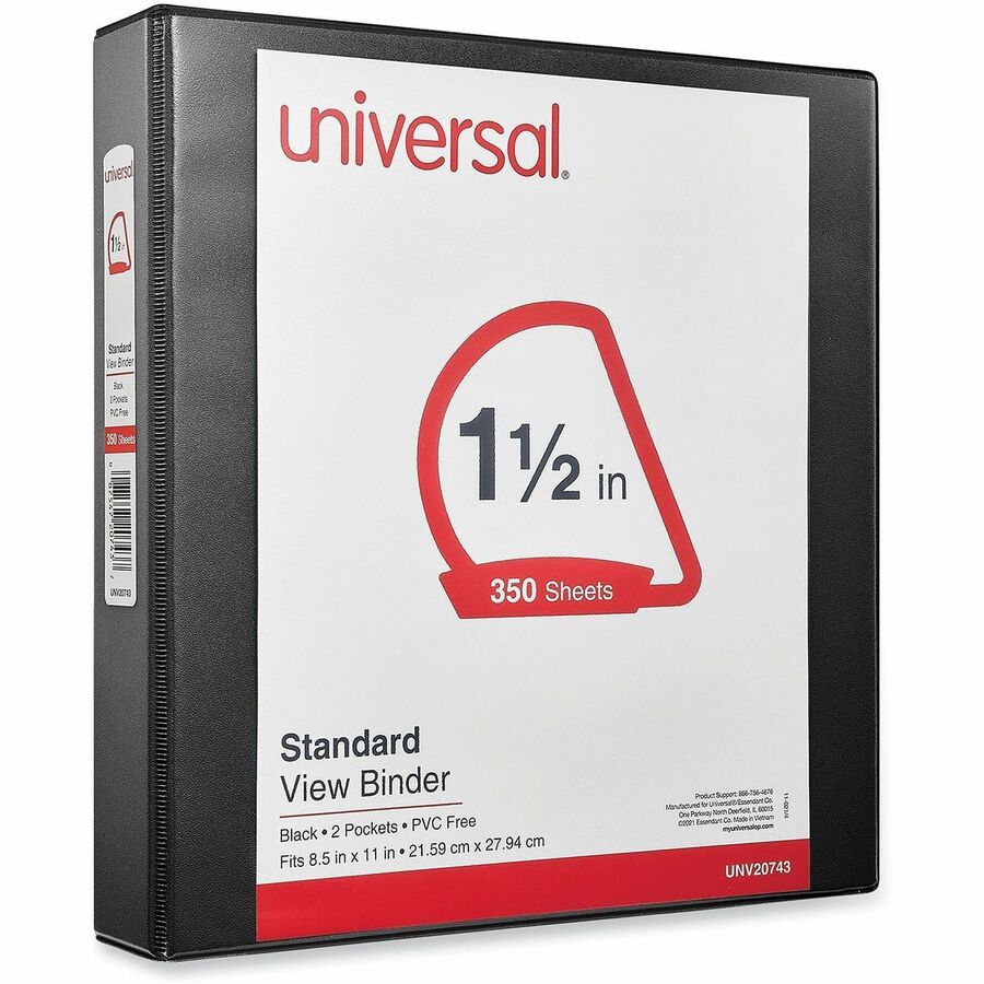 Universal Slant D-Ring View Binder, 3 Rings, 1.5" Capacity, 11 x 8.5, Black - 1 1/2" Binder Capacity - Letter - 8 1/2" x 11" Sheet Size - 375 Sheet Capacity - 3 Ring(s) - Fastener(s): Ring - Pocket(s): 2, Inside Front & Back - Polypropylene - Black - Non-