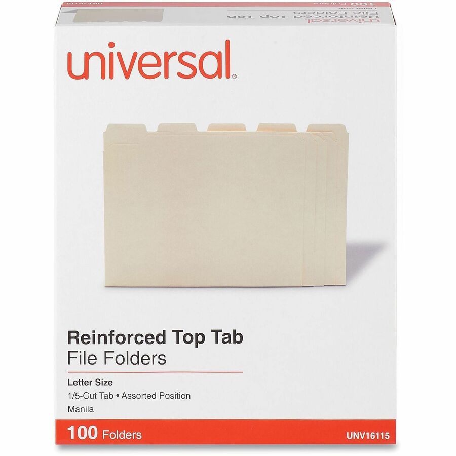 Universal 1/5 Tab Cut Letter Top Tab File Folder - 8 1/2" x 11" - 3/4" Expansion - Assorted Tab Position - 11 pt. - Manila - 100 Box
