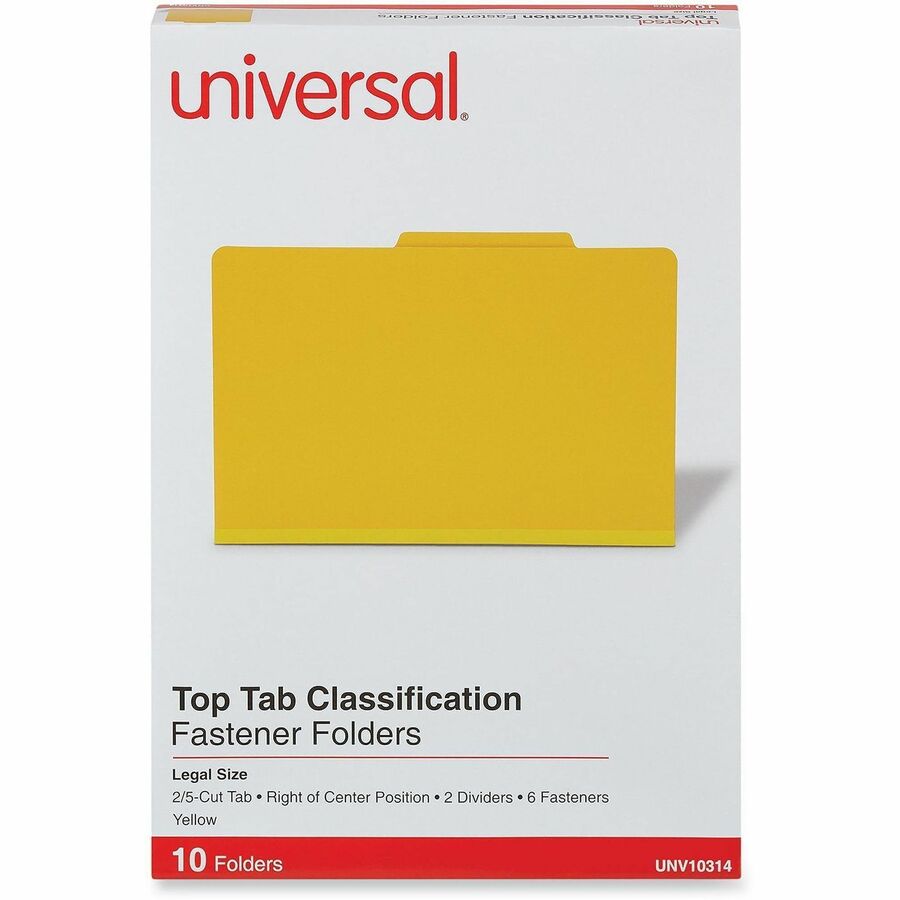 Universal 2/5 Tab Cut Legal Classification Folder - 8 1/2" x 14" - 2" Expansion - 6 Fastener(s) - 2" Fastener Capacity - Top Tab Location - Right of Center Tab Position - 2 Divider(s) - Yellow - 10 Box