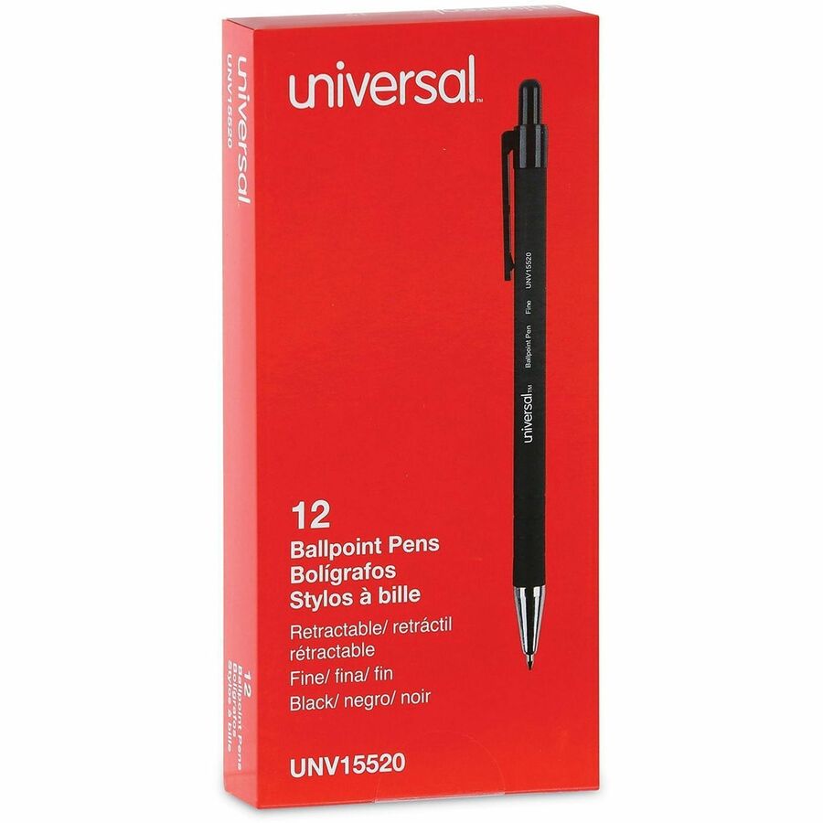 Universal Ballpoint Pen, Retractable, Fine 0.7 mm, Black Ink, Black Barrel, Dozen - 0.7 mm Fine Conical Pen Point - Retractable - Black Ink - Black Barrel - 1 Dozen