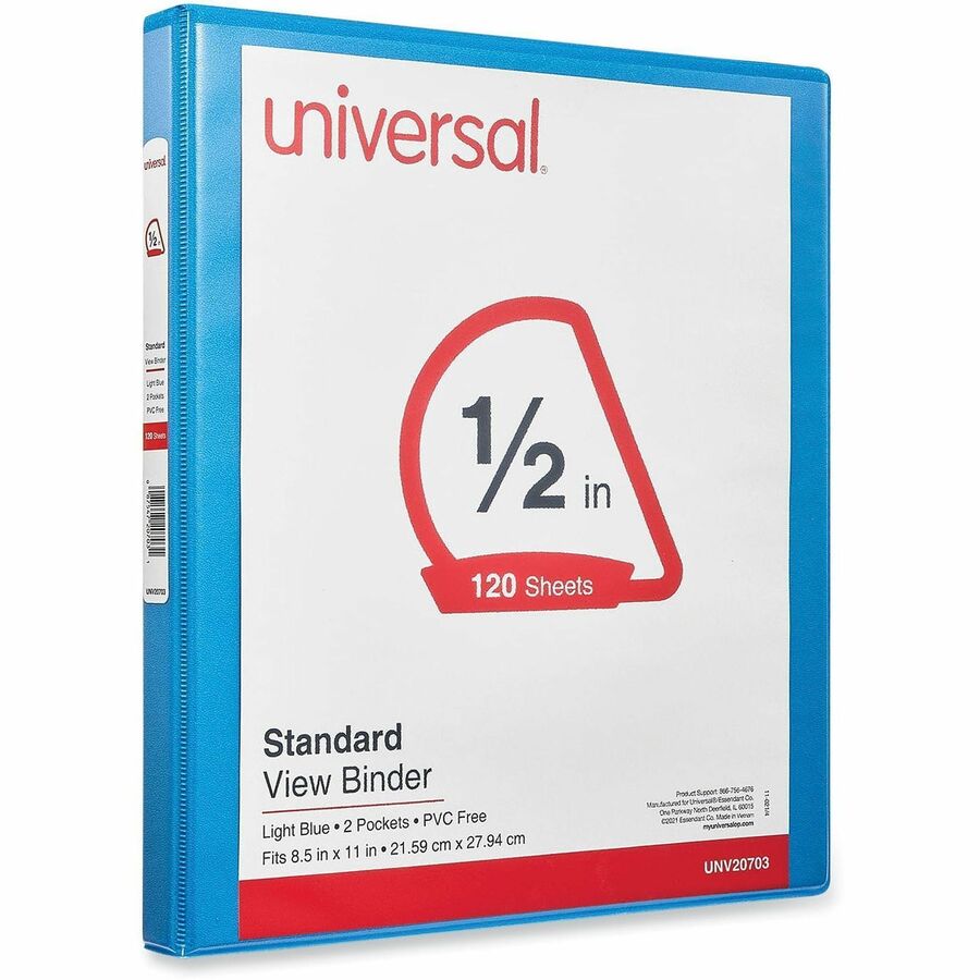 Universal Slant D-Ring View Binder, 3 Rings, 0.5" Capacity, 11 x 8.5, Light Blue - 1/2" Binder Capacity - Letter - 8 1/2" x 11" Sheet Size - 120 Sheet Capacity - 3 Ring(s) - Fastener(s): Ring - Pocket(s): 2, Inside Front & Back - Polypropylene - Light Blu