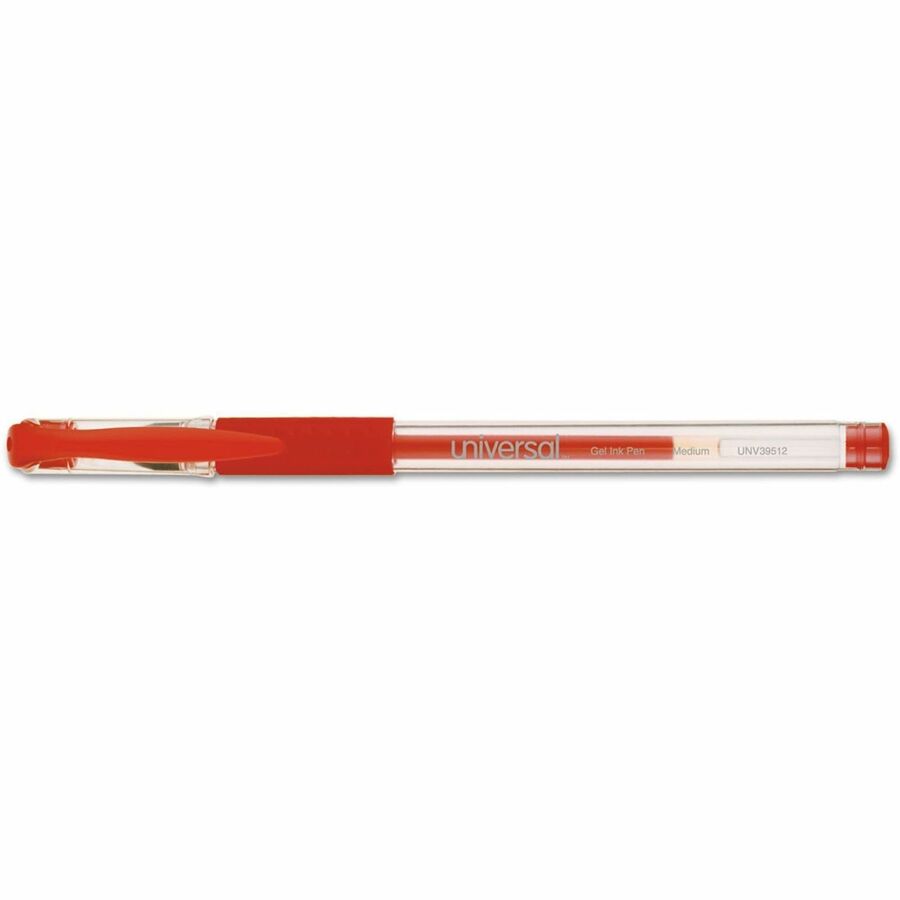 Universal Comfort Grip Gel Pen, Stick, Medium 0.7 mm, Red Ink, Clear/Red Barrel, Dozen - 0.7 mm Medium Conical Pen Point - Red Ink - Water Based - Clear, Red Barrel - 1 Dozen