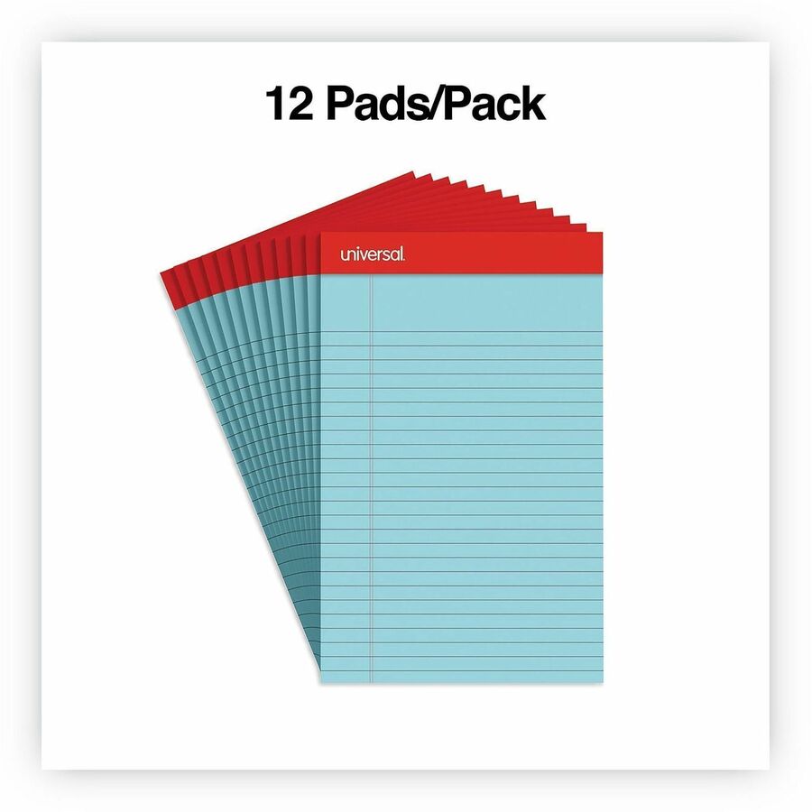 Universal Colored Perforated Ruled Writing Pads, Narrow Rule, 50 Blue 5 x 8 Sheets, Dozen - 1 Subject(s) - 50 Sheets - Tape Bound - Narrow Ruled Front Ruling - 16 lb Basis Weight - 8" Height x 5" Width - Blue Paper - Chipboard Cover - 1 Dozen