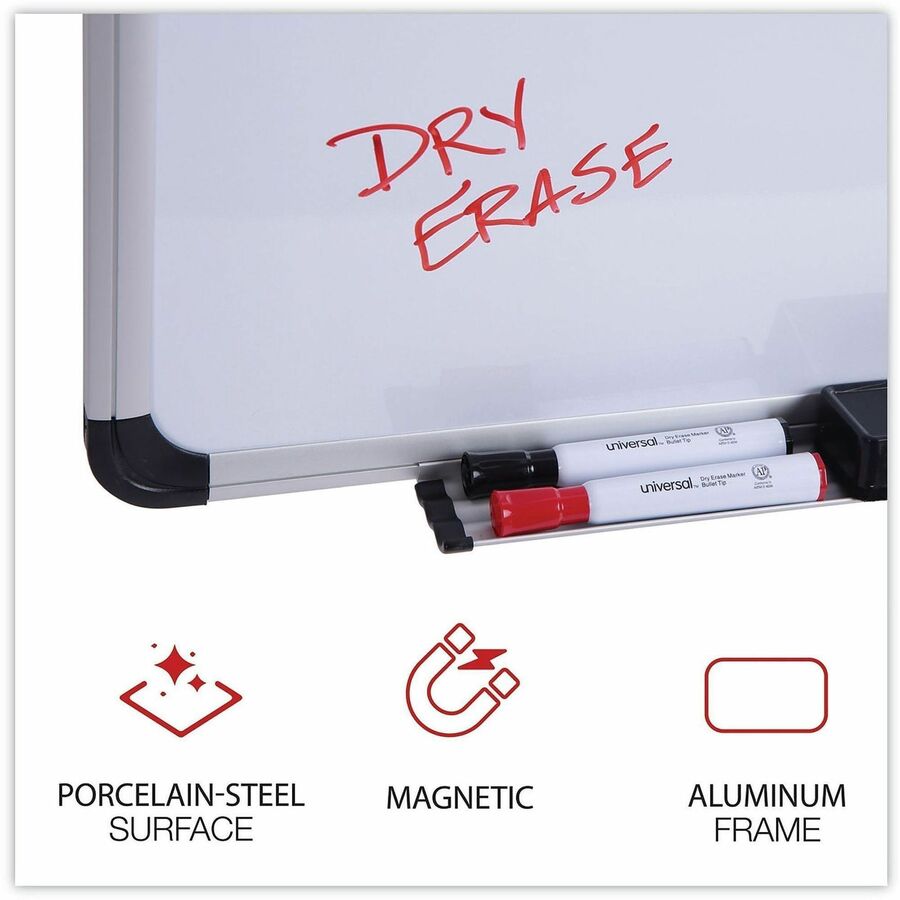 Universal Dry Erase Board - 72" (6 ft) Width x 48" (4 ft) Height - White Porcelain Surface - Silver Aluminum, Black Frame - Magnetic - 1 Each