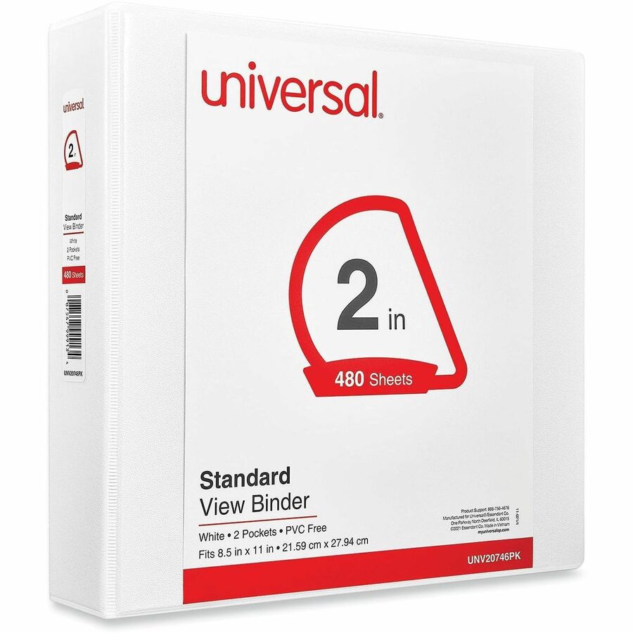 Universal Slant D-Ring View Binder, 3 Rings, 2" Capacity, 11 x 8.5, White, 4/Pack - 2" Binder Capacity - Letter - 8 1/2" x 11" Sheet Size - 500 Sheet Capacity - 3 Ring(s) - Fastener(s): Ring - Pocket(s): 2, Inside Front & Back - Polypropylene - White - No