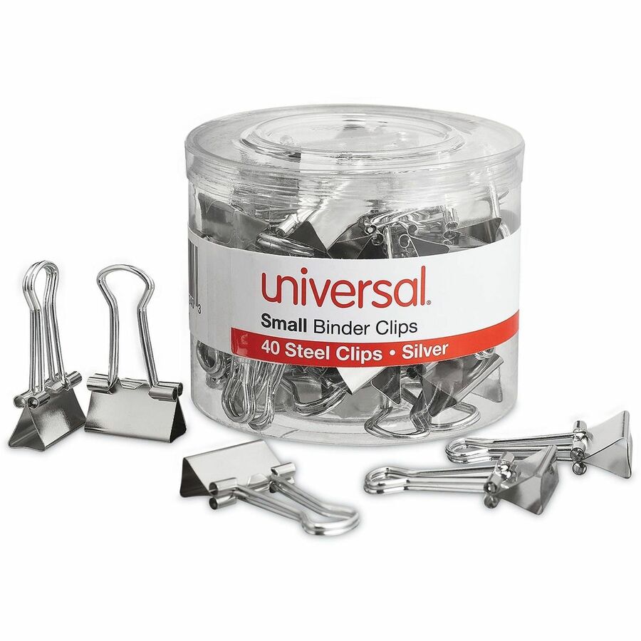 Universal Binder Clips with Storage Tub, Small, Silver, 40/Pack - Small - 0.7" Width - 0.38" Size Capacity - Silver - Metal, Steel Wire - 40 / Pack