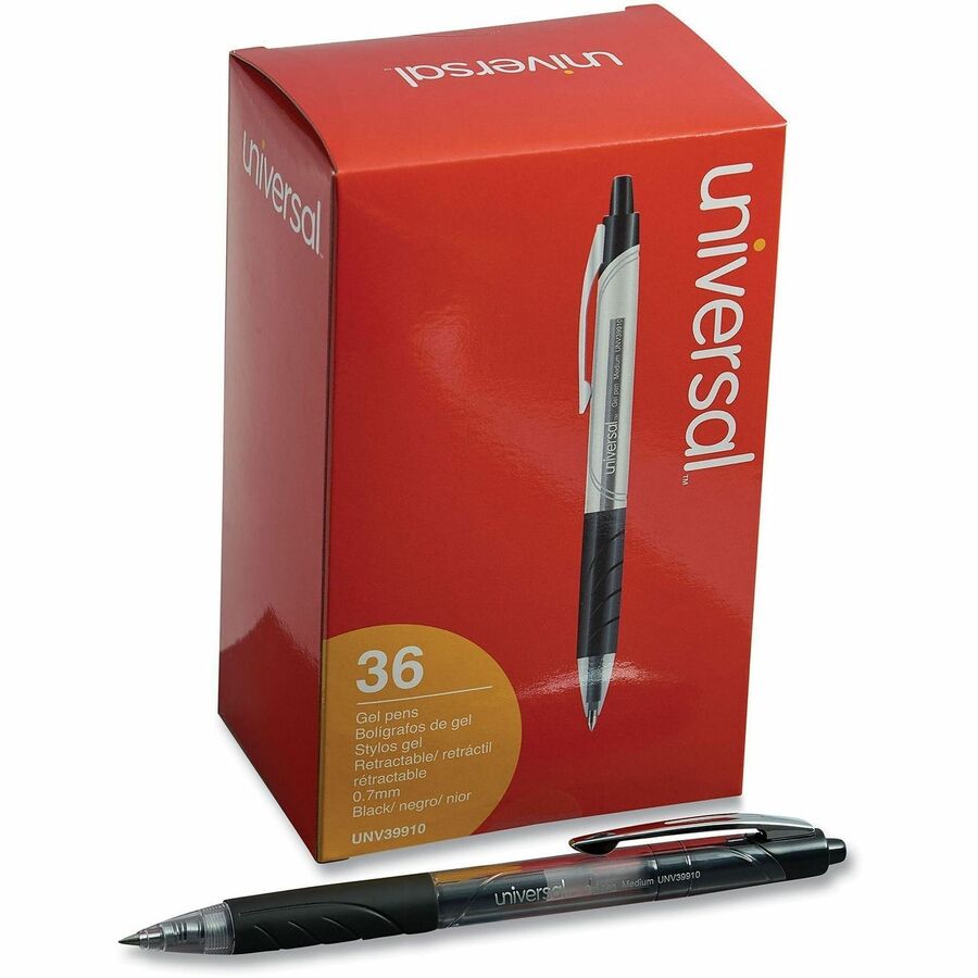 Universal Comfort Grip Gel Pen - 0.7 mm Medium Conical Pen Point - Retractable - Black Ink - Water Based - Clear, Black Barrel - 36 / Pack
