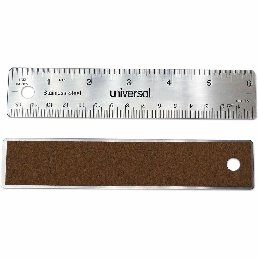 Universal Ruler - 6" Length - 1/16 Graduations - Metric, Standard Measuring System - Stainless Steel, Cork - Clear - 1 / Each